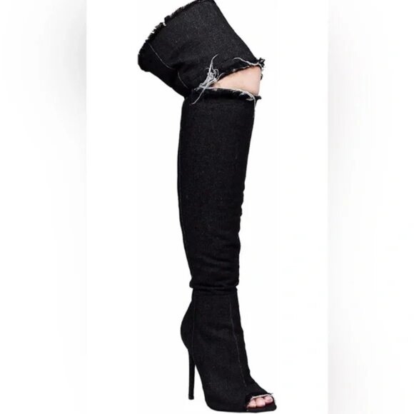Lilliana Knee High Boots 8.5 Black Denim Over The Knee Distress Cutout - Picture 1 of 6